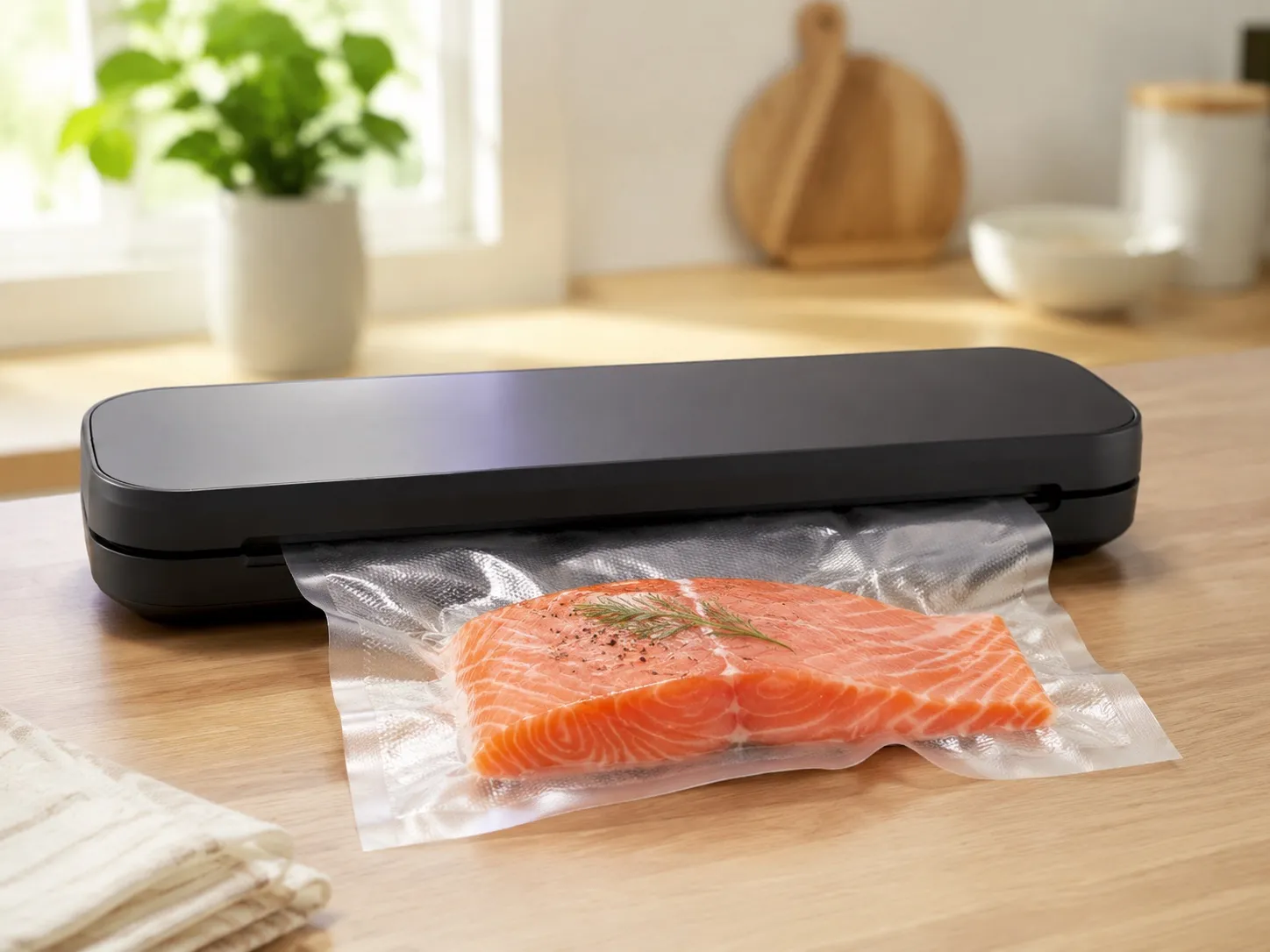 Vakuumiergerät versiegelt einen Beutel mit Lachs