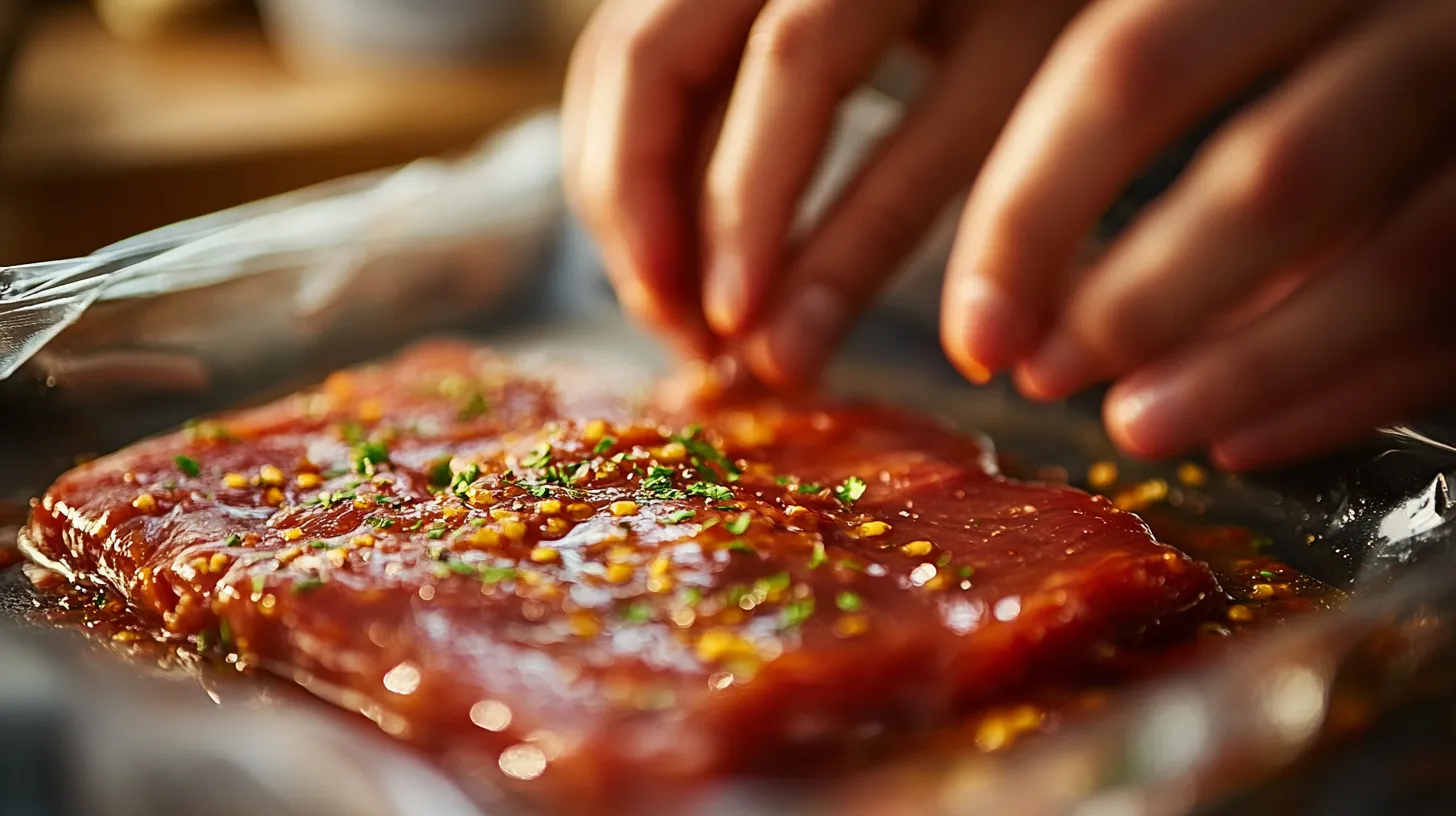Hände bestreichen Fleisch mit Marinade vor dem Vakuumieren
