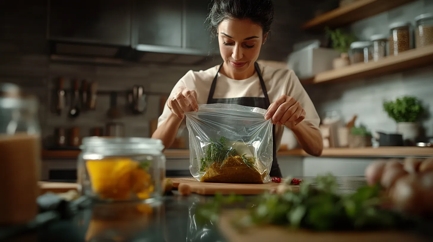 Eine Frau bereitet eine Marinade vor und füllt sie in einen Vakuumierbeutel.