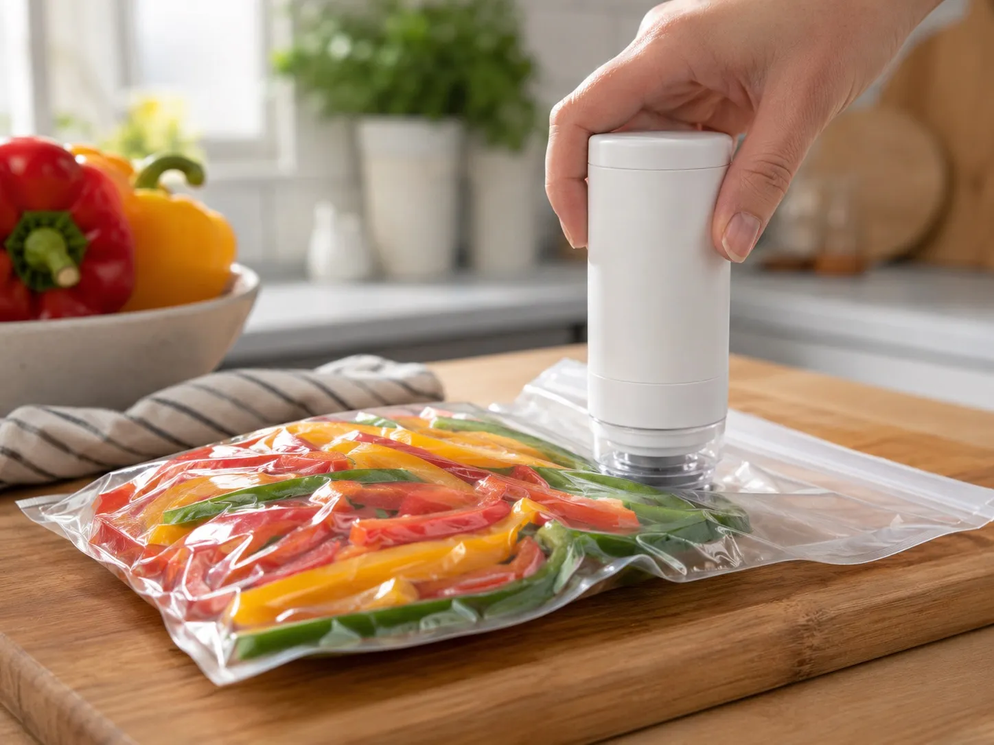 Handvakuumierer saugt Luft aus einem Zip-Beutel mit Paprika