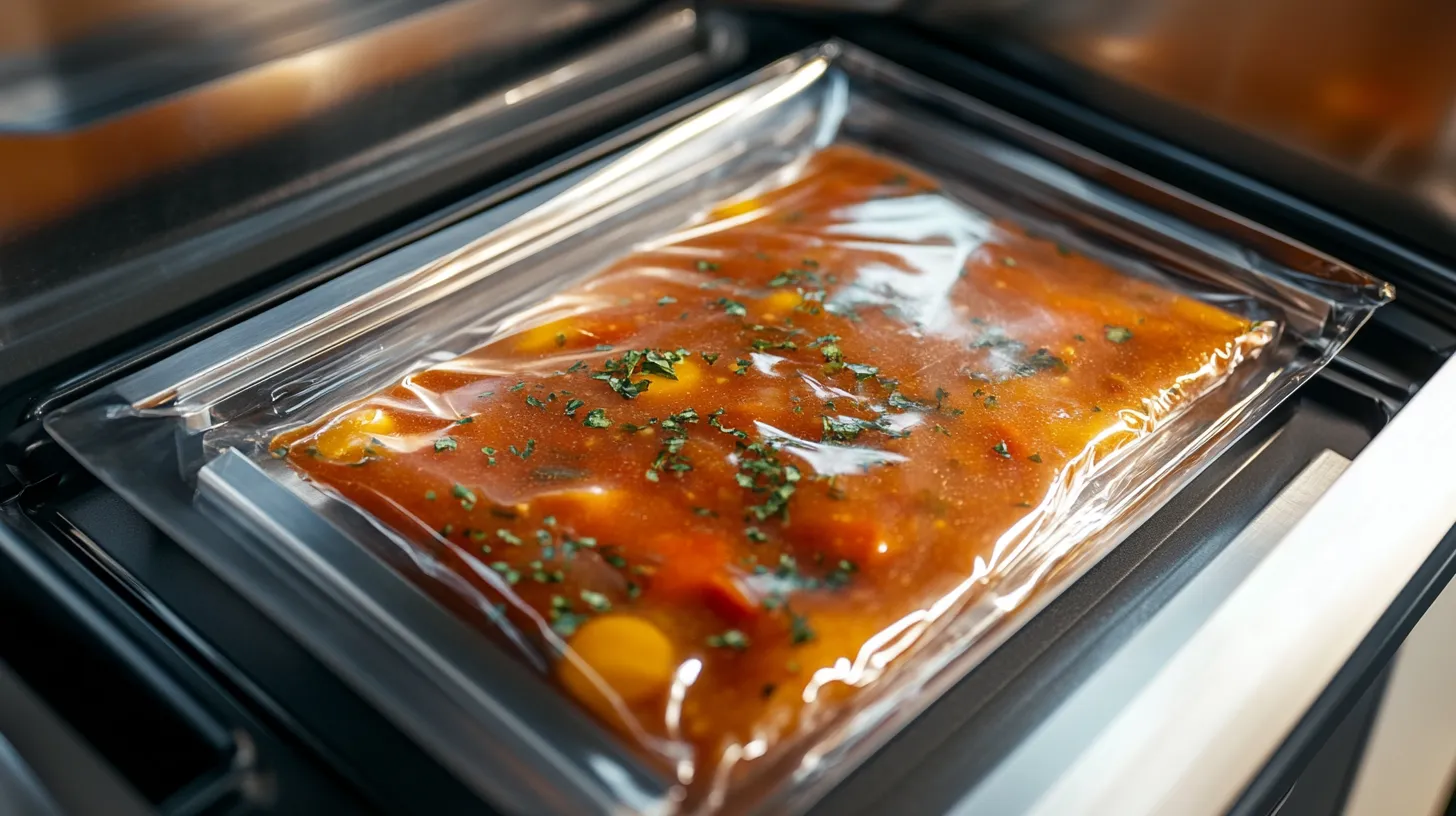 Ein Kammer-Vakuumierer beim Vakuumieren einer Suppe.