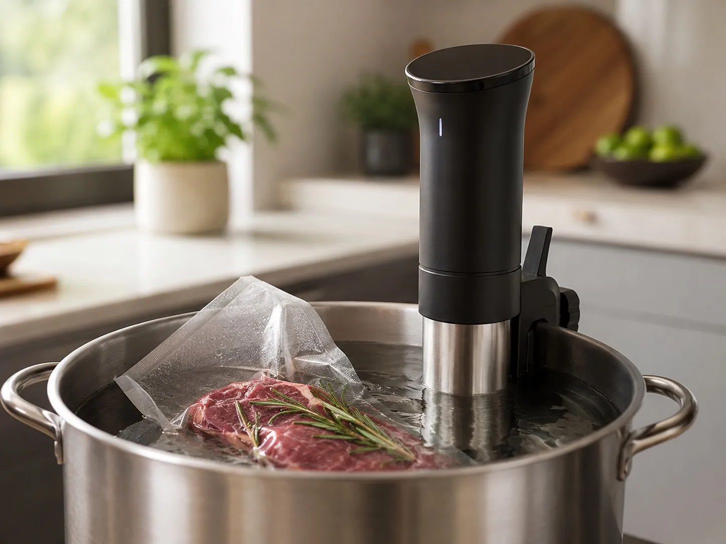 Sous-vide-Stick am Topfrand mit vakuumiertem Steak