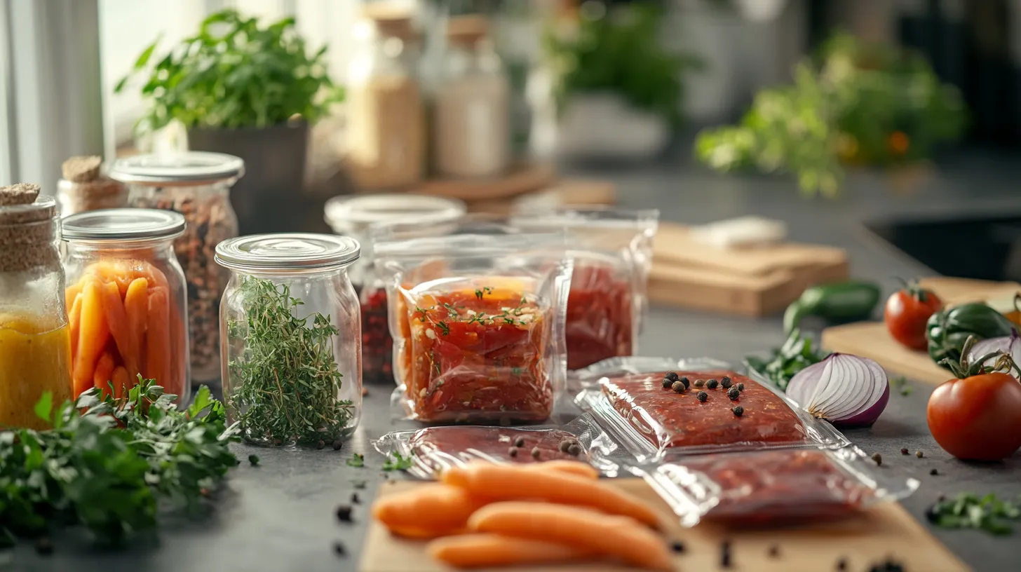 Verschiedene vakuumverpackte Marinaden und Zutaten