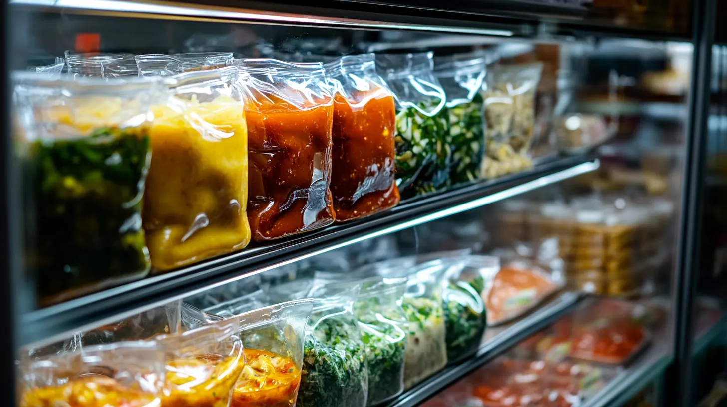 Verschiedene vakuumierte Suppen und Soßen in einer Kühltheke.